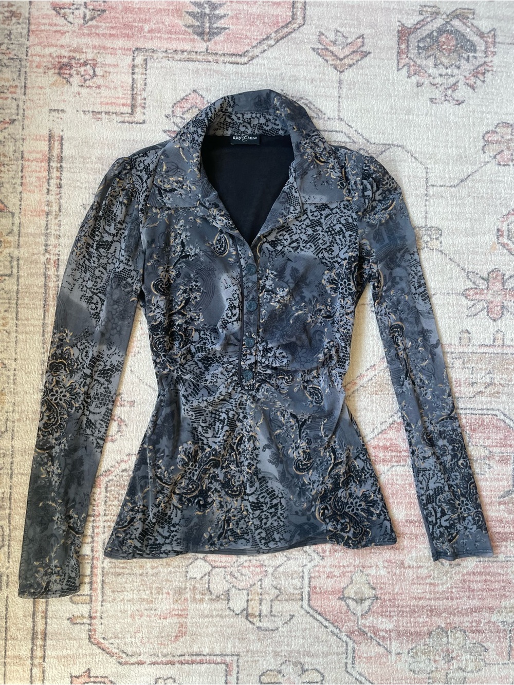 Vintage Kay Celine Whimsygoth Dark Paisley Mesh Blouse Grunge Womens XS